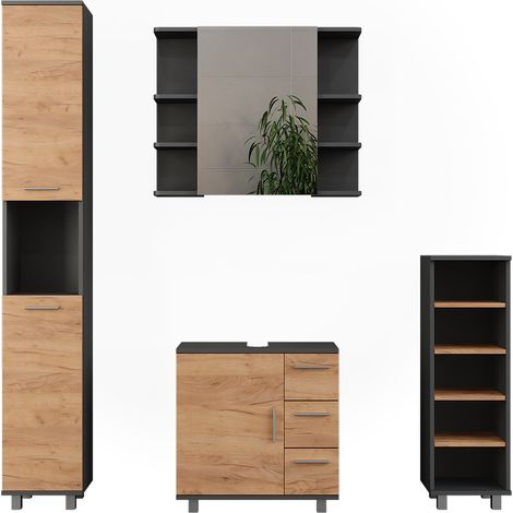 Meubles bain Ilias, Anthracite/chêne doré, 4 pièces, Vicco