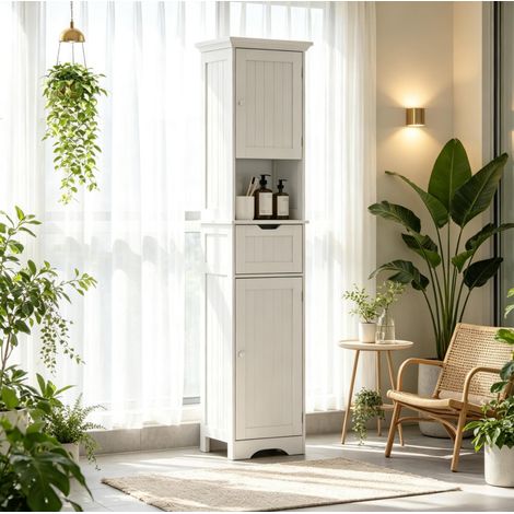 Badezimmerschrank Säule mit LED, schmaler Schrank mit Schublade, 2 Türen, weiß HAVRYA (1/5)