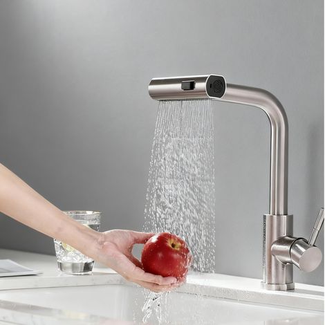 Robinet de cuisine avec douchette extractible, Mitigeur avec jet cascade, Pivotant à 360° et rétractable, 3 modes de jet, Finition acier inoxydable brossé (1/5)