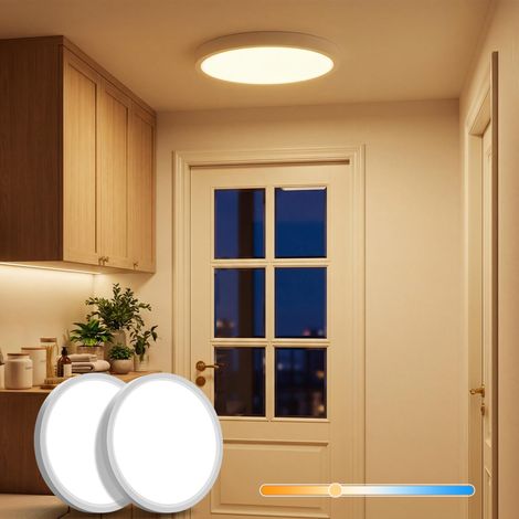 2ER LED Plafonnier Plat 22cm, 18W Petite Lampe de Plafond à Température Réglable 2700K-6500K par Interrupteur DIP, Ronde, Étanche IP44 pour Couloir, Entrée, Salle de Bain (1/5)