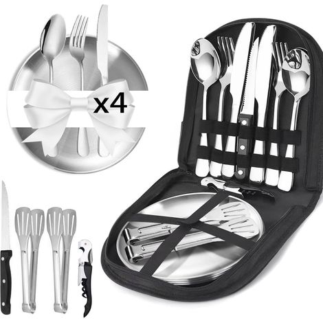 Set de couverts camping 4 personnes, 21 pièces inox avec sac de rangement. (1/5)