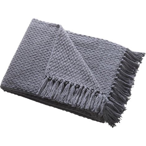 Couverture Plaid - 200 x 200 cm - Coton Recyclé - Texture Tissée - Gris Charbon avec Pompons - 1 Pièce