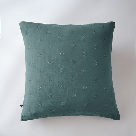 Taie d'oreiller brodée en gaze de coton 60 x 60 cm Gaïa Boho Bleu canard (1/3)