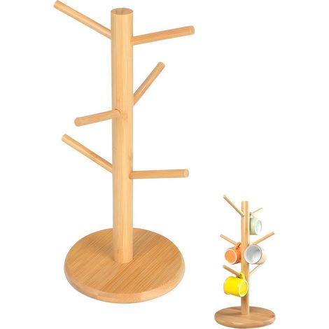 Portabicchieri in bambù, organizer per bicchieri, porta tazze da caffè, porta tazze da tè per bancone della cucina, accessori per bar, albero porta tazze con 6 ganci per la cucina (1/5)
