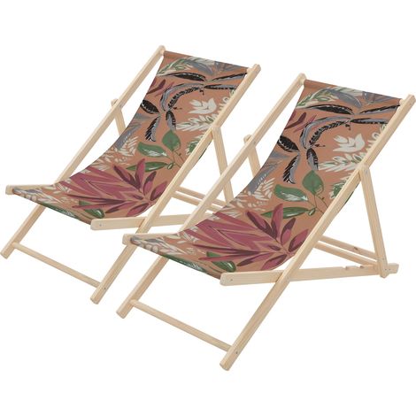 ECD Germany 2er Set Liegestuhl klappbar Floral Braun-Rot-Grün, Strandliege aus Holz, Sonnenliege mit verstellbarer Rückenlehne, Strandstuhl bis 120kg, Gartenliege Relaxliege für Garten Balkon Terrasse