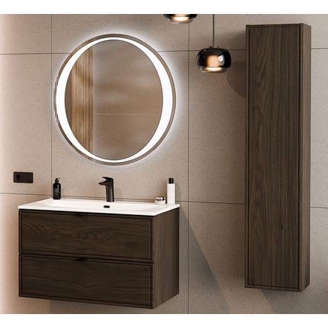 Ensemble Complet Meuble Vasque 80 cm + Vasque + Miroir LED + Colonne - L 80 x P 46 x 51,5 cm - Caldera Foncé - Livraison gratuite