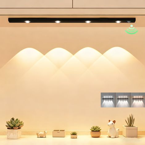Ruban LED à détecteur de mouvement, trois couleurs, intensité variable en continu, applique murale sous meuble, idéal pour les dressings et les chambres (50 cm)