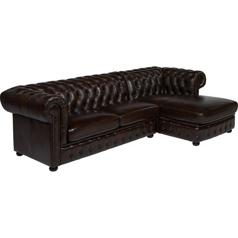Canapé d'angle chesterfield BRENTON 100% cuir de buffle - Marron reflets châtains - Angle droit