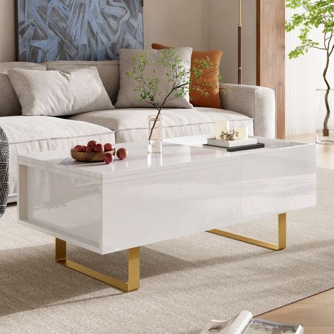 Table basse avec plateau relevable 100x50x54,5 cm,rangement caché,tiroir coulissant,MDF brillant,2 pieds en U dorés (1/5)