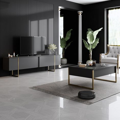 Möbelset Anthrazit Luxus - Couchtisch + TV-Schrank – Goldener