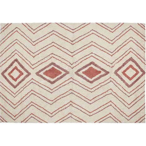 Alfombra de algodón beige rosa rojo 140 x 200 cm hecho a mano geométrico Kastamonu