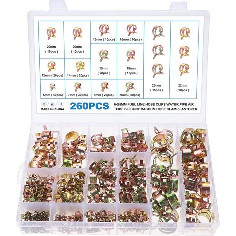 260 Stück Federschlauchschellen, 12 Größen 6-25 mm, Federclips-Schlauchschellen, Kraftstoffleitungsschlauchschellen
