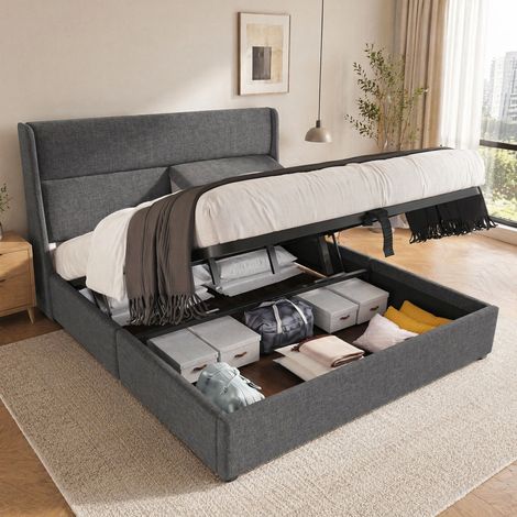 Cama matrimonial 160x200 cm tapizada gris con cabecero регулируable y arcón (1/5)