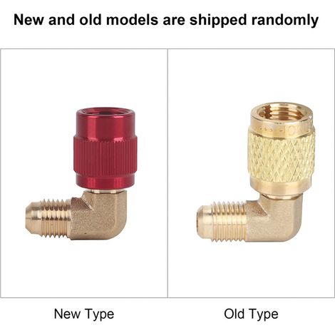 Adaptador R410 de 90° con rosca macho de 1/4" a rosca hembra de 5/16", de cobre y latón, para la conexión de accesorios de aire acondicionado y refrigeración. (1/5)