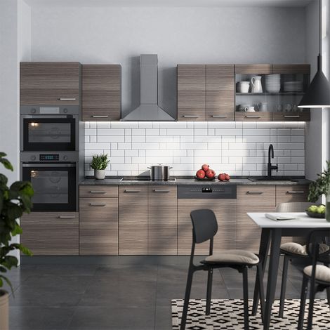 Küchenzeile R-Line, Edelgrau/Anthrazit, 300 cm mit Hochschrank, ohne Arbeitsplatte, Vicco