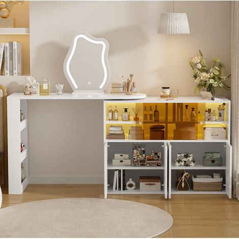 Drehbarer Schminktisch 177x40x131,5 cm aus Spanplatten, Weiß, LED, für Schlafzimmer (1/5)