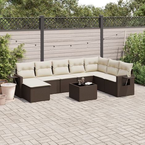 Set de sofás de jardín 9 pzas y cojines ratán sintético marrón vidaXL (1/5)