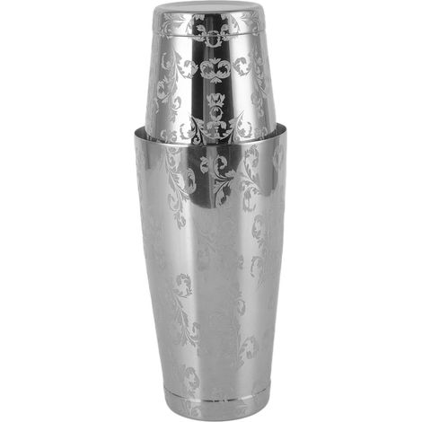 Gravierter Cocktailshaker aus Edelstahl, Martini-Shaker im Boston-Stil aus Silber, japanisch-amerikanischer Barmixer mit flachem Boden. (1/5)
