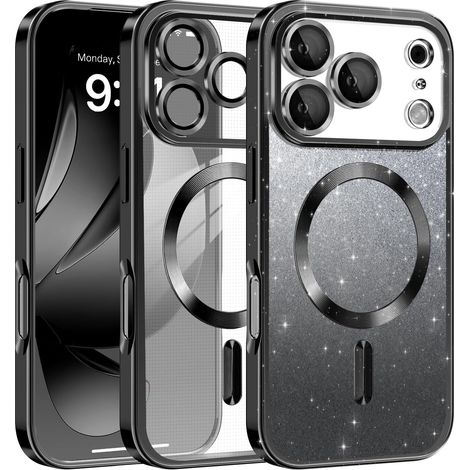 Glitter Coque Magnétique pour iPhone 17 Pro/18 Pro Compatible avec MagSafe,Brillance Paillette élégance Housse de Protection Antichoc Soft Bumper Case avec Protection Caméra(Noir) (1/5)