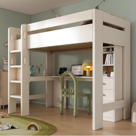 Lit mezzanine enfant 90x200 cm en MDF blanc avec bureau et rangement, gain de place – MEUBLIV (1/5)