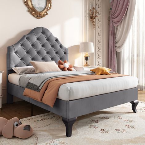 Cama infantil 90x200 cm, con somier de láminas y cabecero regulable en altura, en terciopelo gris, sin colchón (1/5)