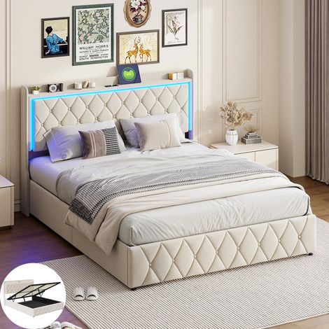 Lit Hydraulique 140x190 cm avec LED et USB - Lit Coffre avec rangement et tête de lit - Sommier à Lattes - deux place -Velours Beige (1/5)