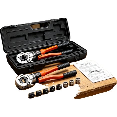 Abrazadera hidráulica, presión máxima de 80 kN, cabezal giratorio de 360°, compatible con tuberías de cobre, mango ergonómico, 5 juegos de matrices (12-28 mm). (1/5)