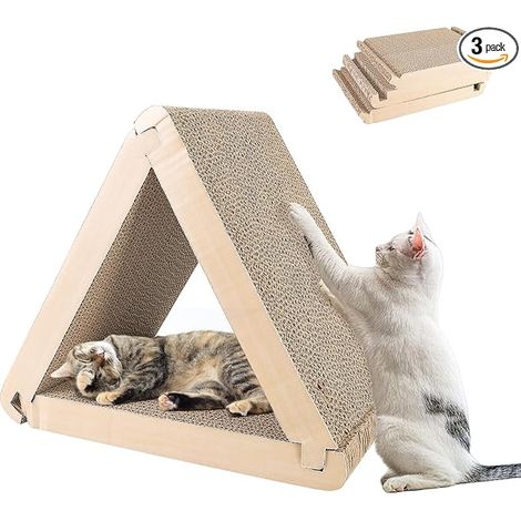 Griffoir triangulaire pour chat en carton ondulé, 6 côtés utilisables en carton, tapis griffoir pour chat, disponible des deux côtés, tapis à gratter pour chat (marron) (1/5)