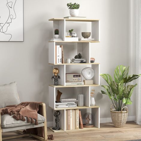 Libreria in stile nordico con 5 ripiani antiribaltamento, portata massima 25 kg, 70x29,5x163 cm, rovere e bianco.