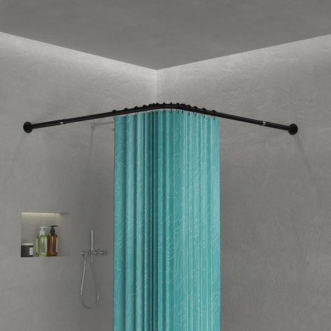 L Tringle Rideau Douche, Extensible 62–94x141–174cm,16 Anneaux,Noir (1/5)