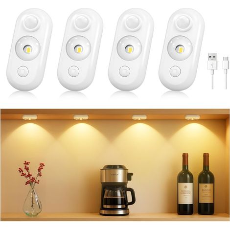 Projecteur LED lumière blanche, à intensité variable, petite lampe d'armoire, à détecteur de mouvement rechargeable (lot de 4) (1/5)
