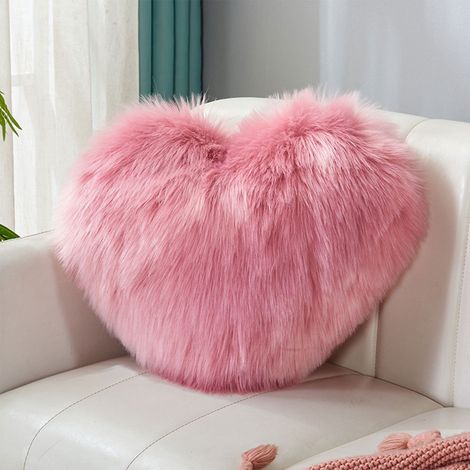 Coussin En Forme De Coeur - Rembourrage En Polypropylène - Fourrure Synthétique Longue Pile - 40 X 30 Cm - Rose - 1 Pièce (1/5)