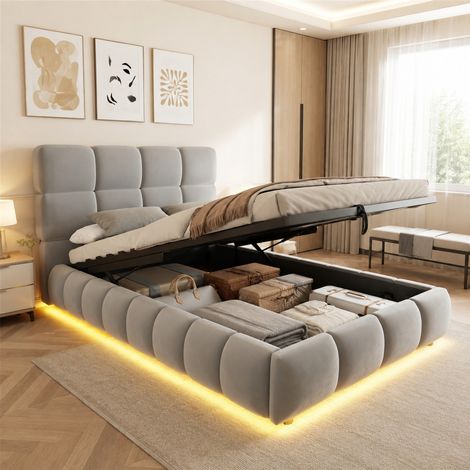 Letto contenitore 90 x 200 cm con LED, sollevamento idraulico, velluto grigio HAVRYA (1/5)