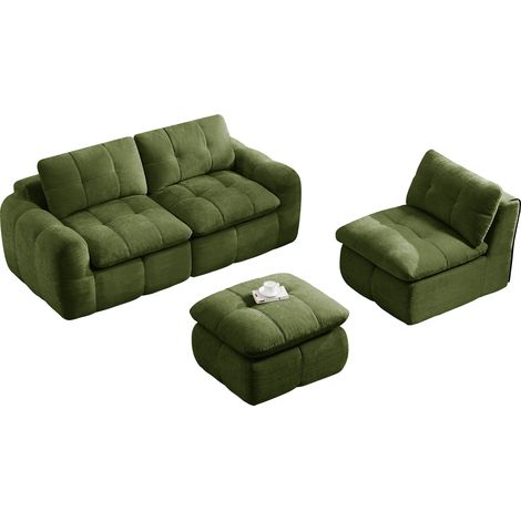 Sofá Modular En L De 3 Plazas, Sin Estructura, con Funda de Chenilla, Espuma 32D, Verde Grisáceo (1/5)