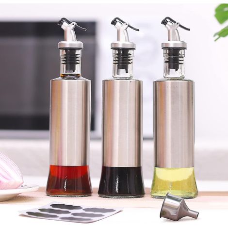 Öl- und Essigspender-Set, Glasflasche mit Olivenöl, Edelstahl-Ölspenderflasche zum Kochen, Backen und für Salate. (1/5)