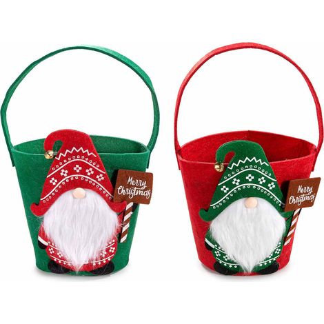 Cestini a secchiello in panno con Babbo Natale con campanella su cappello e cartello scritta Merry Christmas, set da 4 pezzi, Ø 15 cm x 15,5 H