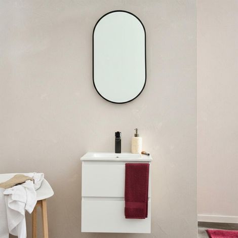 Mob-In – Meuble vasque suspendu 45cm avec plan céramique – 2 tiroirs de rangement – Conception moderne pour petits espaces – Vasque en céramique blanche