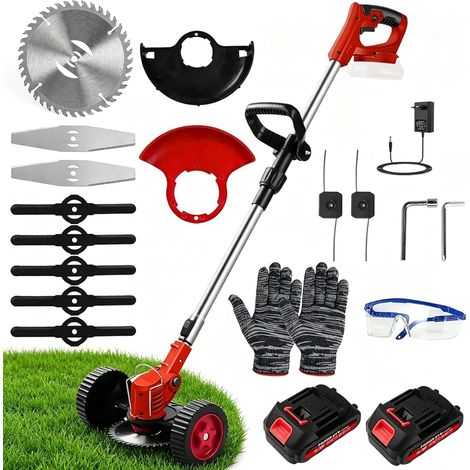 Debroussailleuse Electrique sans Fil Coupe Bordure 21V avec 2 Batteries 1.5Ah, Roues, 4 Type Lames, Poignée Réglable, Pliable, Tête Pivotante 90° pour Jardin Élagage (1/5)