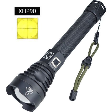 26650 hohe Lumen XHP90 LED-Taschenlampe, wiederaufladbare XHP90 taktische LED-Taschenlampe, helle Handlampe mit 3 Modi, wasserdichte Zoomlampe für Camping, Notfall, Wandern (1/5)