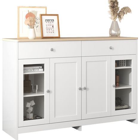 Buffet Moderne 4 Portes 2 Tiroirs Verre Blanc 120x37x80cm Salon Salle À Manger Plateau Bois Clair Enfilade Rangement Élégant (1/5)