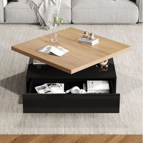 Mesa de centro 70x70x36cm giratoria 360 grados cajón oculto diseño noce tablero brillante color negro (1/5)