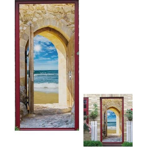 3D-Türsticker mit Fotodruck – Karibikblick durch einen alten Holzbogen