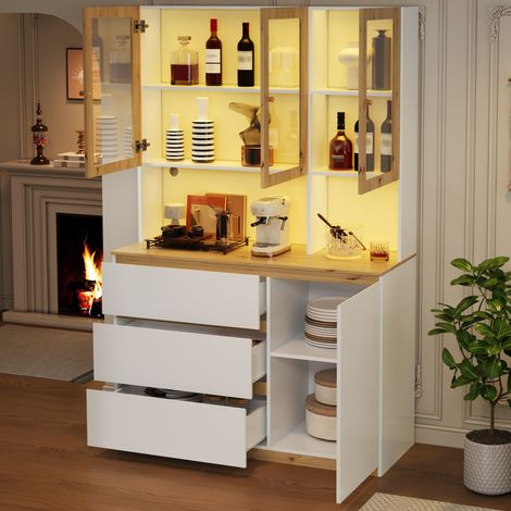 Vitrine/armoire haute avec éclairage LED – 120 × 200 cm, avec plan de travail prolongé, meuble multifonctionnel autoportant, blanc et chêne – vitrine, armoire haute de cuisine et bibliothèque (1/4)