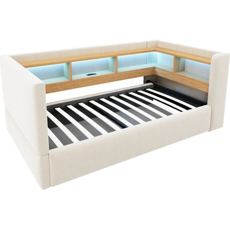 Divano letto con vano contenitore idraulico 90 x 190 cm beige con LED, prese e vani (1/5)