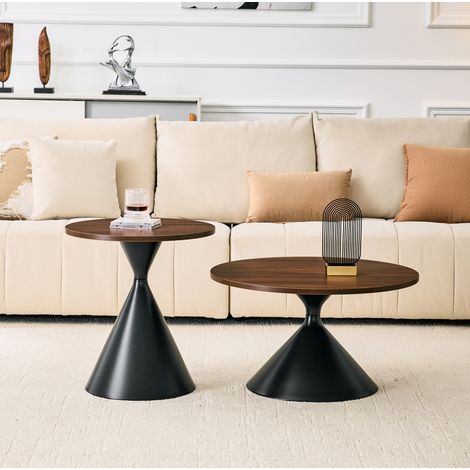 Set de 2 tables basses gigognes coniques Ø70/50 cm, mélamine effet noyer, métal noir (1/5)