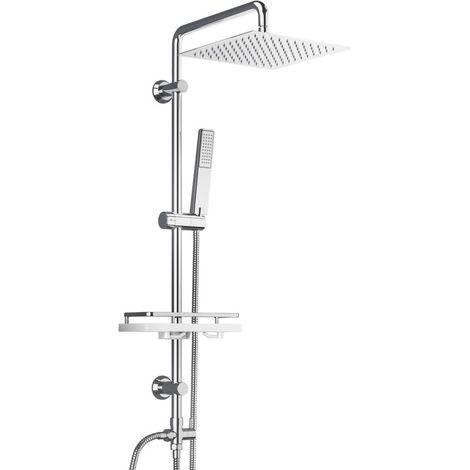 Görbach Colonne de douche chromée adaptable aux installations existantes, douche pluie carrée 20 x 20 cm avec tablette intégrée (1/5)