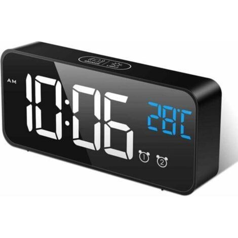 Digitaler Wecker mit großem LED-Spiegeldisplay, Temperaturanzeige, Schlummerfunktion, 2 Alarmen, einstellbarer Helligkeit und Lautstärke, akustischer Aktivierung und USB-Ladefunktion für Zuhause/Büro. (1/4)