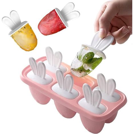 Kit de moules à glaces à faire soi-même, 6 moules réutilisables avec un adorable motif de lapin et bâtonnets, lapin rose