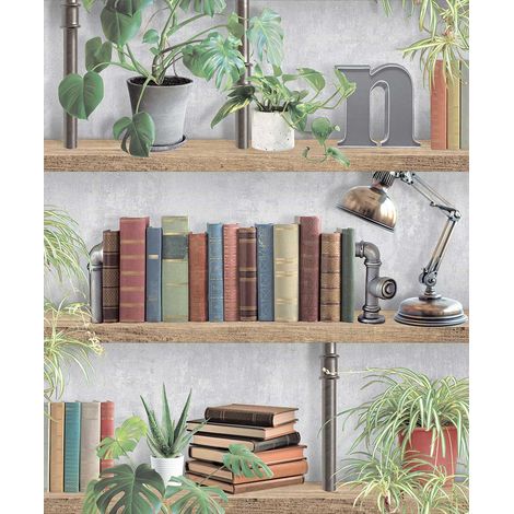 Papier peint bibliothèque livres plantes style loft