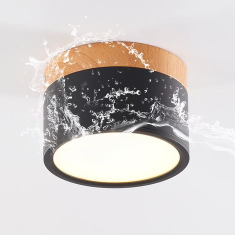 Plafonnier LED,spot en saillie décor bois,mini plafonnier,rond,noir,blanc froid 6000 K,12 W.